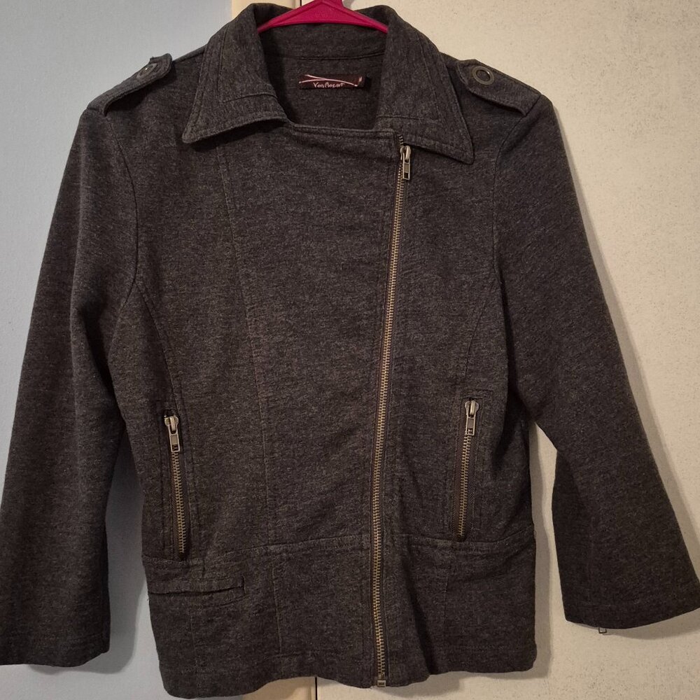 Von Mozart LS Military Style Jacket Cotton Solid Gray Front Zip Women's Size M